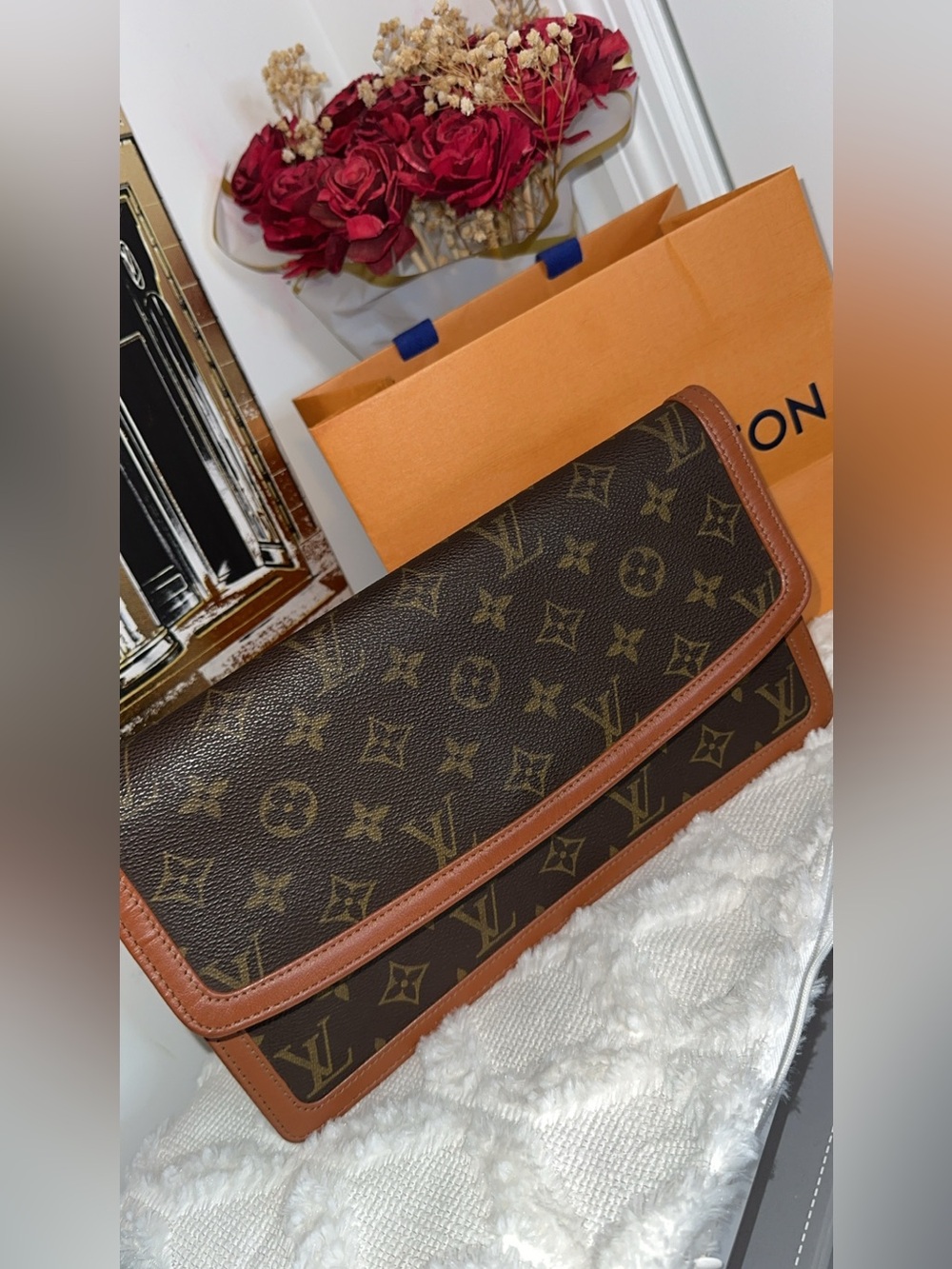 Louis Vuitton Brown Monogram Flap Clutch with Tan Trim